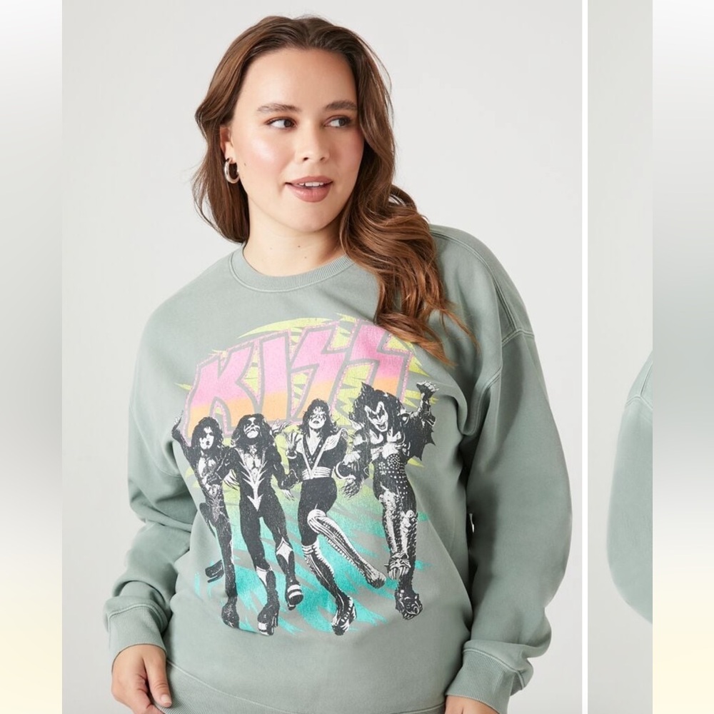 Forever 21 Plus Size KISS band Crewneck Sweatshirt Pullover w/ neon sparkly logo